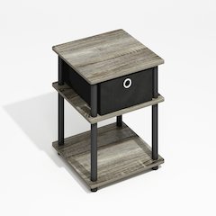 Turn-N-Tube 3-Tier End Table with Storage Bin, Grey Oak/Black/Black