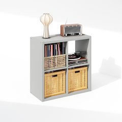 Open Back Decorative Vintage Media Storage Organizer, 4-Cube, Light Grey