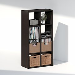 Open Back Decorative Vintage Media Storage Organizer, 8-Cube, Dark Oak
