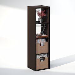 Open Back Decorative Verticle Vintage Media Storage Organizer, 4-Cube, Dark Oak