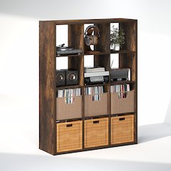 Open Back Decorative Vintage Media Storage Organizer, 12-Cube, Amber Pine