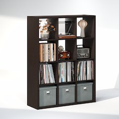 Open Back Decorative Vintage Media Storage Organizer, 12-Cube, Dark Oak