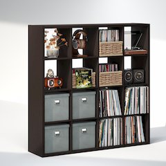 Open Back Decorative Vintage Media Storage Organizer, 16-Cube, Dark Oak