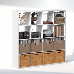 Open Back Decorative Vintage Media Storage Organizer, 16-Cube, White