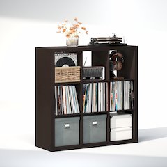 Extra Thick Frame Decorative Vintage Media Storage Organizer, 9-Cube, Dark Oak