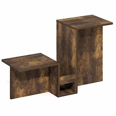 Valley Shaped End Table with Tiered Levels Shelf and Magazine Rack, Amber Pine