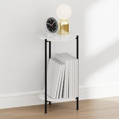 BESI Night Stand, 2-Tier Tall Round, Metal Frame Narrow End Table, Marble White