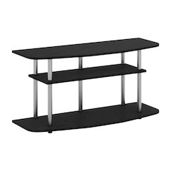 Wood TV stand in black oak finish, 3-tier open shelves, living room storage