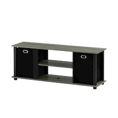 Wood Entertainment Center with Storage Bins in French Oak and Black Finish