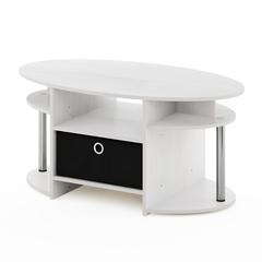 JAYA Simple Design Oval Coffee Table with Bin, White Oak, Stainless Steel Tubes