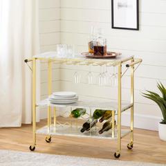 Maliza Bar Cart with Wine Bottle Storage and Wine Glass Rack, Faux Marble and Gold