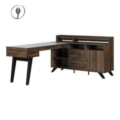 Helsy L-Shaped Desk with Power Bar, Natural Walnut