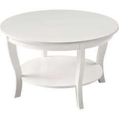 White Round Coffee Table with Shelf, MDF and Solid Rubberwood Construction