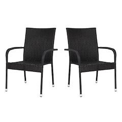 Maxim Set of 2 Stackable Indoor/Outdoor Wicker Dining Chairs with Arms - Fade & Weather-Resistant Steel Frames - Black