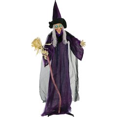 72" Standing Witch Holding Broom, Light-up-Eyes, Sound, Rotating Head
