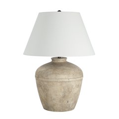 29" Tall Distressed Brown And Beige Ceramic Table Lamp with Tapered Linen Shade