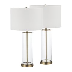 Saco 28" Tall Satin Brass Glass Table Lamp With Drum Linen Shade (Set Of 2)