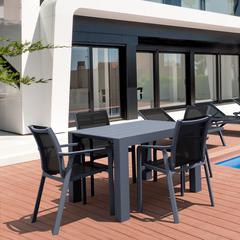 Pacific 5 Piece Dining set with Extension Table and Sling Arm Chairs Dark Gray Frame Black Sling