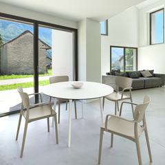 Lisa Round Dining Set with 47 inch White Table and Taupe Armcairs