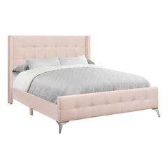 Bed, Queen Size, Bedroom, Upholstered, Pink Velvet, Chrome Metal Legs