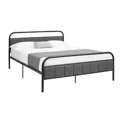 Platform Bed, Queen Size, Grey Linen Look, Black Metal, Contemporary