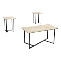 Table Set, 3pcs Set, Coffee, End, Cream Stone Laminate, Black Metal