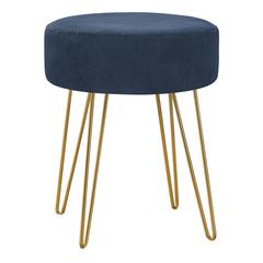 Ottoman, Pouf, Footrest, Foot Stool, 14 Round, Blue Fabric, Gold