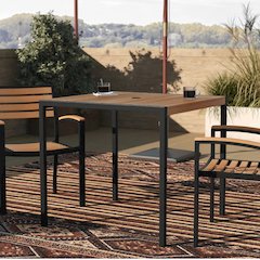Outdoor Dining Table with Synthetic Teak Poly Slats - 35" Square Steel Framed Restaurant Table with Umbrella Holder Hole