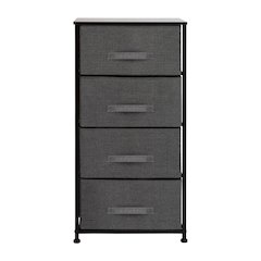 4 Drawer Wood Top Black Cast Iron Frame Vertical Storage Dresser with Dark Gray Easy Pull Fabric Drawers