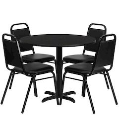 36'' Black Table Set with X-Base and 4 Black Trapezoidal Back Banquet Chairs