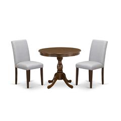 East West Furniture 3 Piece Dining Set Includes 1 Dinner Table and 2 Grey Linen Fabric Kitchen Chairs with High Back - Acacia Walnut Finish