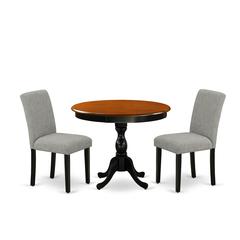 East West Furniture 3-Pc Dinning Room Set Contains a Round Dining Room Table and 2 Shitake Linen Fabric Dinner Chairs with High Back - Black Finish