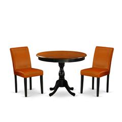 East West Furniture 3-Piece Round Dining Table Set Contains a Dining Table and 2 Baked Bean PU Leather Mid Century Dining Chair with High Back - Black Finish