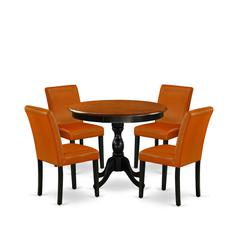 East West Furniture 5-Pc Dining Room Set Includes a Round Dinning Table and 4 Baked Bean PU Leather Dinner Chairs with High Back - Black Finish