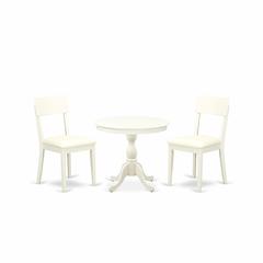 AMAD3-LWH-C 3 Piece Wooden Dining Table Set Includes 1 Dinner Table and 2 Linen White Faux Leather Dining Chairs with Ladder Back - Linen White Finish\