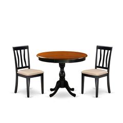 East West Furniture 3-Pc Mid Century Table Set Contains a Dining Room Table and 2 Linen Fabric Mid Century Dining Chairs with Slatted Back - Black Finish