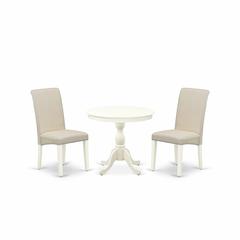 East West Furniture 3 Piece Dining Room Set Includes 1 Pedestal Table and 2 Cream Linen Fabric Kitchen Chairs with High Back - Linen White Finish