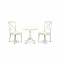 AMBO3-LWH-C 3 Pc Dining Room Set - 1 Pedestal Dining Table and 2 Linen White Dining Chair - Linen White Finish
