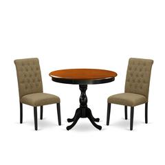 East West Furniture 3-Pc Modern Dining Set Includes a Wooden Dinner Table and 2 Light Sable Linen Fabric Upholstered Dining Chairs with Button Tufted Back - Black Finish