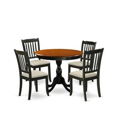 East West Furniture 5-Piece Modern Dining Set Includes a Round Wood Table and 4 Linen Fabric Dining Room Chairs with Slatted Back - Black Finish