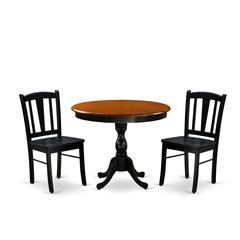 East West Furniture 3-Pc Kitchen Dining Table Set Contains a Dining Table and 2 Mid Century Dining Chairs with Slatted Back - Black Finish
