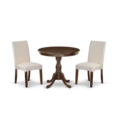 AMDR3-MAH-01 3 Piece Dining Table Set - 1 Wooden Dining Table and 2 Cream Padded Chairs - Mahogany Finish