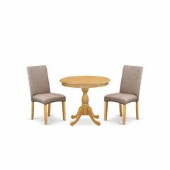 AMDR3-OAK-16 3 Piece Dining Table Set - 1 Pedestal Dining Table and 2 Dark Khaki Parson Chairs - Oak Finish
