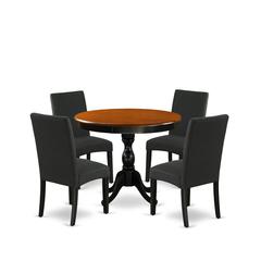 East West Furniture 5-Piece Round Dining Set Includes a Wooden Dinner Table and 4 Black Linen Fabric Parson Dining Chairs with High Back - Black Finish