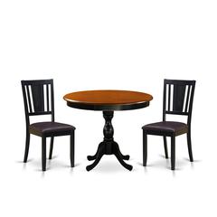 East West Furniture 3-Pc Dining Room Table Set Contains a Mid Century Dining Table and 2 Faux Leather Dining Chairs with Panel Back - Black Finish