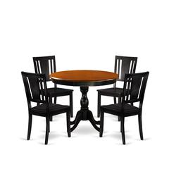 East West Furniture 5-Piece Dining Room Table Set Contains a Dining Table and 4 Wooden Dining Chairs with Panel Back - Black Finish