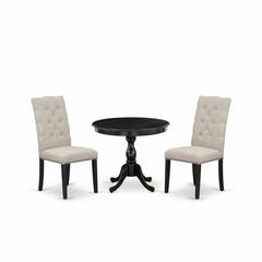East West Furniture 3 Piece Dining Set Consists of 1 Modern Dining Table and 2 Doeskin Linen Fabric Dining Chairs Button Tufted Back with Nail Heads - Wire Brushed Black Finish