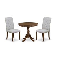 East West Furniture 3 Piece Dinette Set Consists of 1 Pedestal Table and 2 Grey Linen Fabric Kitchen Chair Button Tufted Back with Nail Heads - Acacia Walnut Finish