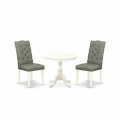 AMEL3-LWH-07 3 Piece Dining Set - 1 Round Pedestal Table and 2 Smoke Dining Room Chairs - Linen White Finish