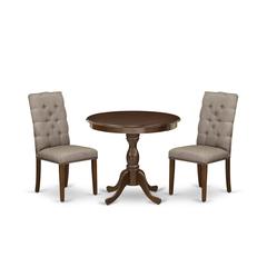 AMEL3-MAH-16 3 Piece Dining Table Set - 1 Dinner Table and 2 Dark Khaki Upholstered Chairs - Mahogany Finish